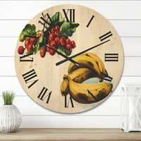 Ceas de perete din lemn de fermă Designart 'fructe roșii și banane'