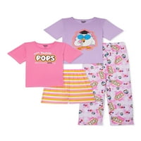 Tootsie Roll fete cu maneci scurte Topuri, pantaloni și pantaloni scurți pijama Sleep Set, 4 Piese, dimensiuni 4-14