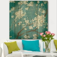 Designart' Blue Cherry Blossoms II ' Cabin & Lodge Print pe lemn Natural de pin