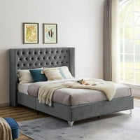 Pat tapițat Aukfa - cadru de pat cu platformă din lemn cu tăblie cu smocuri-Queen-Gray