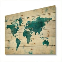 Designart 'descoperă harta lumii în albastru' imprimeu tradițional pe lemn Natural de pin
