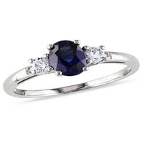 Miabella femei Carat T. G. W. Oval-Cut creat safir albastru & creat safir alb și diamant Accent 10kt Aur Alb trei pietre inel