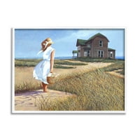Stupell Industries Femeie În picioare Briză bătută de vânt casă de plajă îndepărtată pictură artă încadrată albă imprimare artă