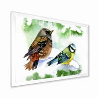 Designart 'Păsări De Pădure Așezate Pe Ramură De Brad Înzăpezită' Imprimare Tradițională De Artă Încadrată