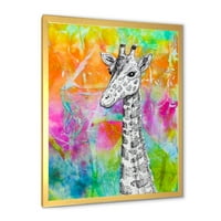 Designart 'girafă monocromă desenată pe curcubeu strălucitor' artă pentru copii imprimeu de artă încadrată