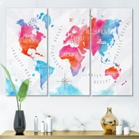 Designart 'harta lumii în albastru și roz' modern Canvas Wall Art Print