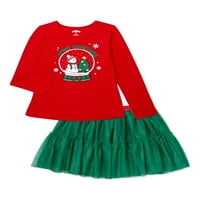 Timp de vacanță fete Crăciun tricou grafic cu mânecă lungă și set de ținute fustă din tul, 2 piese, dimensiuni 4-18